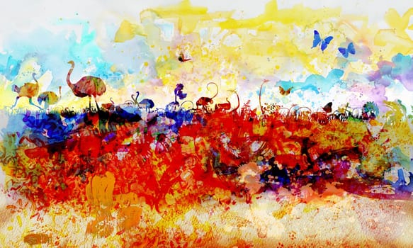 Watercolor with ostrich birds in the savannah in Africa