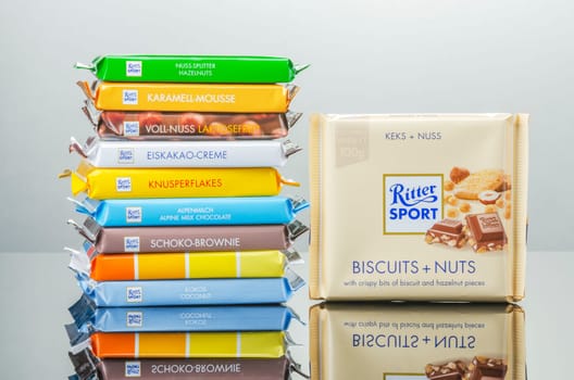 Variety of Ritter Sport chocolate bars. Ritter Sport was founded in 1912 in Stuttgart-Bad Cannstatt, Germany