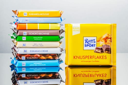 Variety of Ritter Sport chocolate bars. Ritter Sport was founded in 1912 in Stuttgart-Bad Cannstatt, Germany