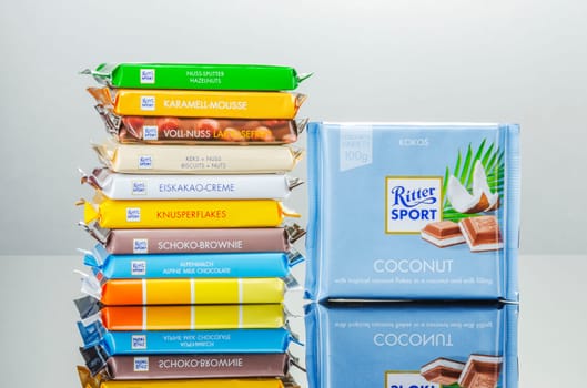 Variety of Ritter Sport chocolate bars. Ritter Sport was founded in 1912 in Stuttgart-Bad Cannstatt, Germany
