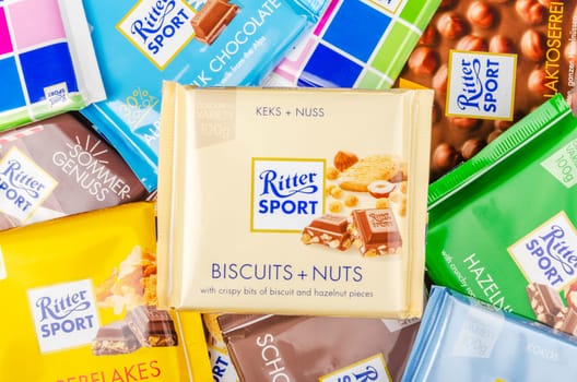 Variety of Ritter Sport chocolate bars. Ritter Sport was founded in 1912 in Stuttgart-Bad Cannstatt, Germany