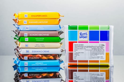 Variety of Ritter Sport chocolate bars. Ritter Sport was founded in 1912 in Stuttgart-Bad Cannstatt, Germany