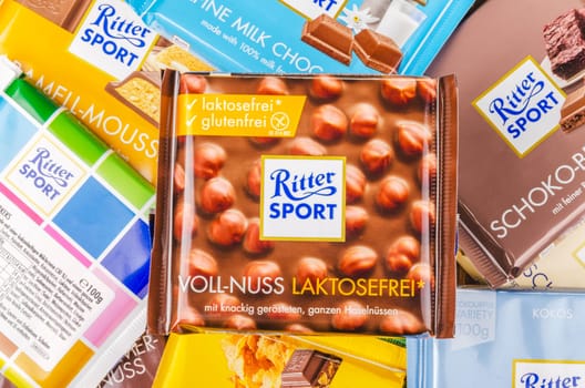 Variety of Ritter Sport chocolate bars. Ritter Sport was founded in 1912 in Stuttgart-Bad Cannstatt, Germany