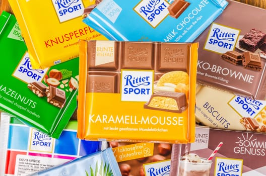 Variety of Ritter Sport chocolate bars. Ritter Sport was founded in 1912 in Stuttgart-Bad Cannstatt, Germany
