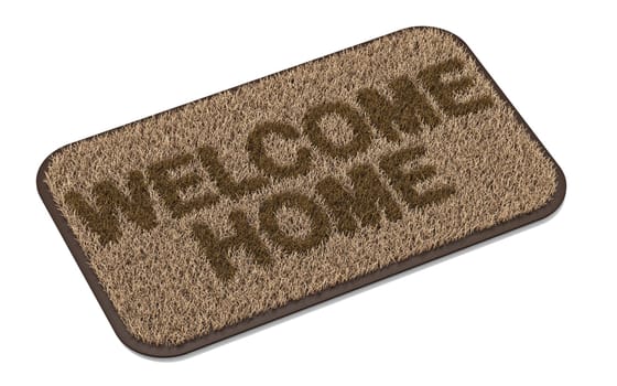 Brown coir doormat with text WELCOME HOME 3D rendering illustration isolated on white background