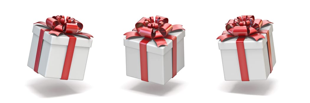Cube white gift boxes with red ribbon 3D render illustration isolated on white background