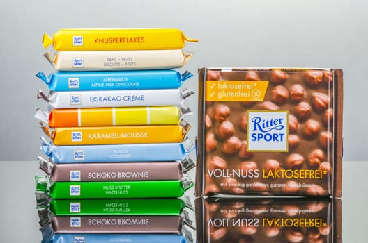 Variety of Ritter Sport chocolate bars. Ritter Sport was founded in 1912 in Stuttgart-Bad Cannstatt, Germany