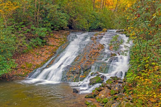 Secluded Indian Creek Falls in the Autumn Forest in the Great Smoky Mountains in North Carolina
