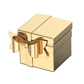 Cube golden gift box with side ribbon bow 3D render illustration isolated on white background