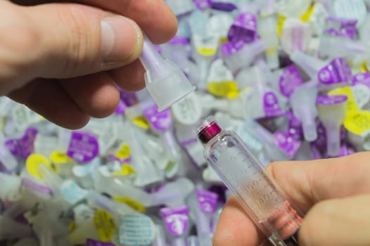 Diabetes syringe with needle closeup