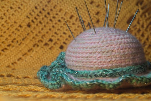 Handmade knitting wool texture background closeup needlework