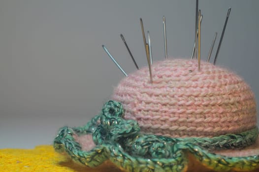 Handmade knitting wool texture background closeup needlework