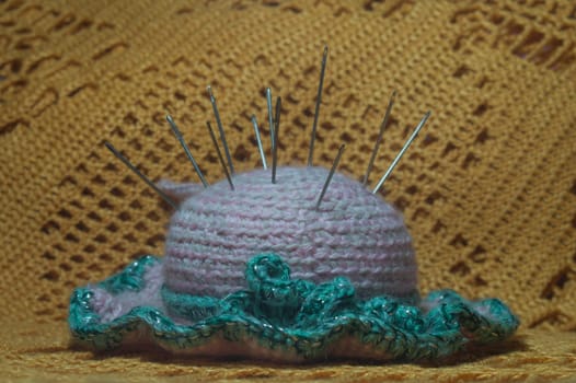 Handmade knitting wool texture background closeup needlework