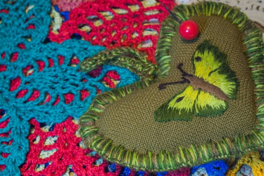 Handmade knitting wool texture background closeup needlework