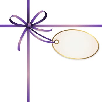 EPS 10 vector illustration of purple colored ribbon bow with hang tag and free text space isolated on white background