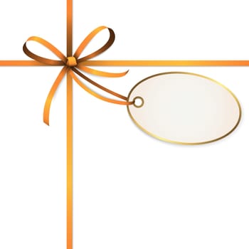 EPS 10 vector illustration of orange colored ribbon bow with hang tag and free text space isolated on white background