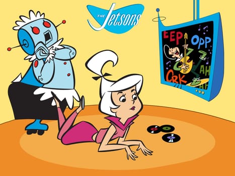 the jetsons characters cartoon futuristic illustration watching tv