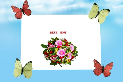 Four butterflies carry a greeting card with a colorful bouquet of flowers and the words Best Mom out into the world on abstract light blue cloudy sky.