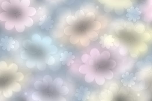 Festive pink blue bright abstract Bokeh background texture on pastel color tone gradient with abstract flowers and blossoms. Beautiful backdrop with space.