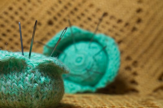 Handmade knitting wool texture background closeup needlework. healthy food concept