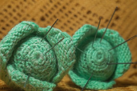 Handmade knitting wool texture background closeup needlework. healthy food concept
