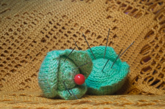 Handmade knitting wool texture background closeup needlework. healthy food concept