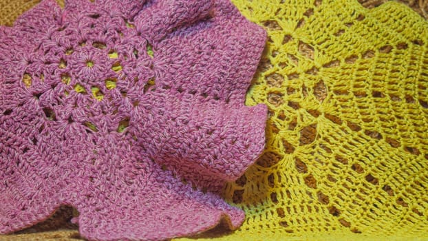 Handmade knitting wool texture background closeup needlework. healthy food concept