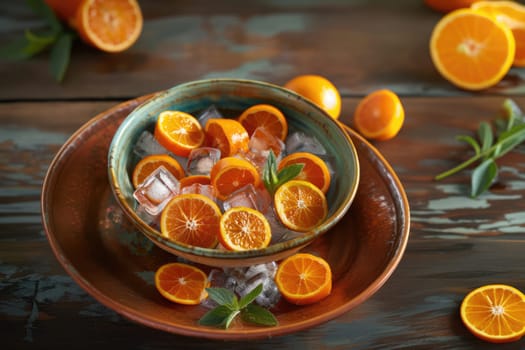 A colorful arrangement of orange slices rests in a bowl filled with ice cubes, surrounded by fresh mint leaves and additional halved oranges. The rustic background adds warmth.