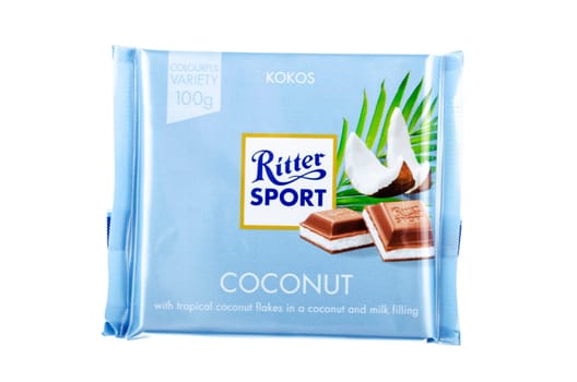Ritter Sport chocolate bar isolated on white background.