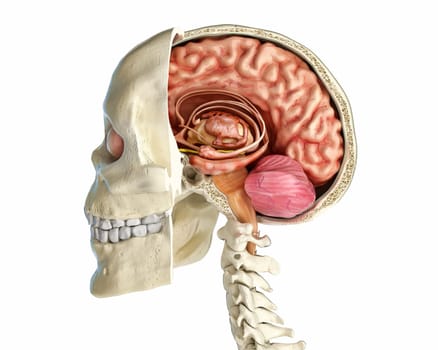 Human skull mid sagittal cross-section with brain. Side view on white background.