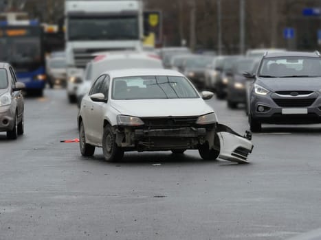 St. Petersburg, Russia April 3, 2019.Accident on a busy intersection, movement  cars on the lanes front view.