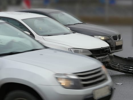 St. Petersburg, Russia April 3, 2019.Accident on a busy highway movement of cars on the lanes, side view.