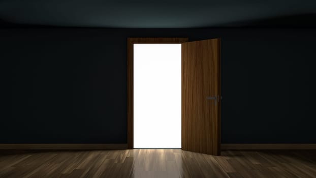 3D render of light in empty room through the opened door. Open single door in darkness to light room 3D illustration.