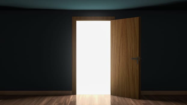 3D render of light in empty room through the opened door. Open single door in darkness to light room 3D illustration.