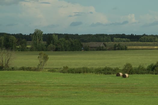 Country landscape with haystacks on the field background