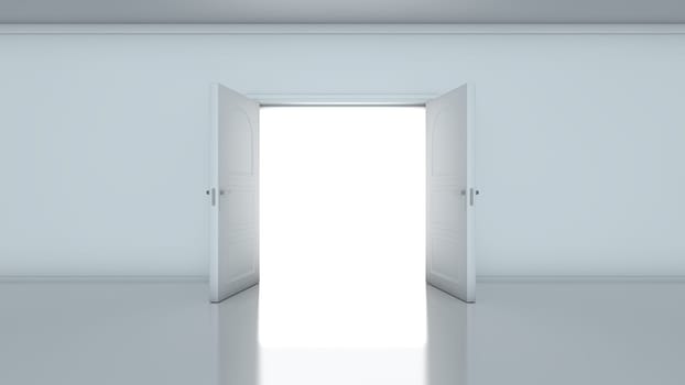 3D render of light in empty room through the opened doors. Doorway revealing bright light in dull grey room.