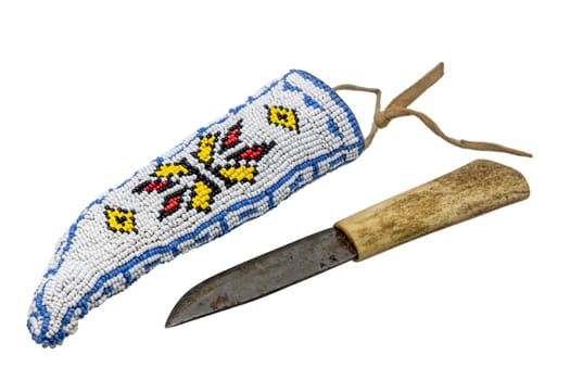 Indian knife with bone handle in a quiver embroidered with colorful beads