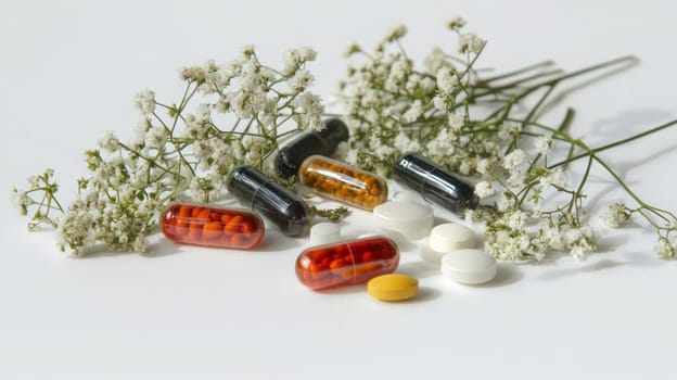 Supplements and vitamins with medicinal herbs. Selective focus. Generative AI, medical