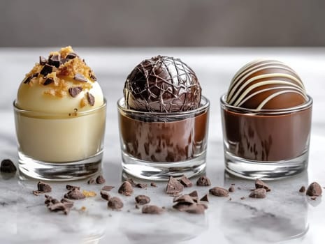 Three beautifully crafted chocolate desserts are displayed in stylish glass cups on a marble surface. Each dessert offers a unique flavor and presentation, showcasing the art of chocolate.