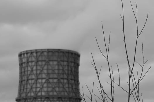 Thermal power plant with smoking chimney. Industrial background