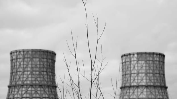 Thermal power plant with smoking chimney. Industrial background