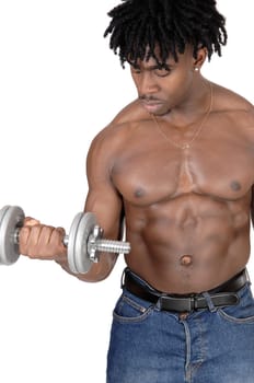A close up image of an African American man standing shirtless.and working out with his dumbbell, isolated for white background.