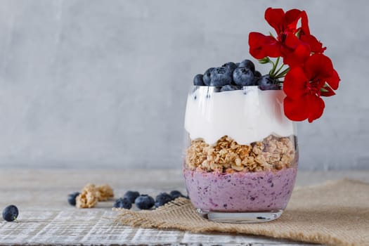 Granola with yogurt and blueberriesGranola with yogurt and blueberries in a glass beaker