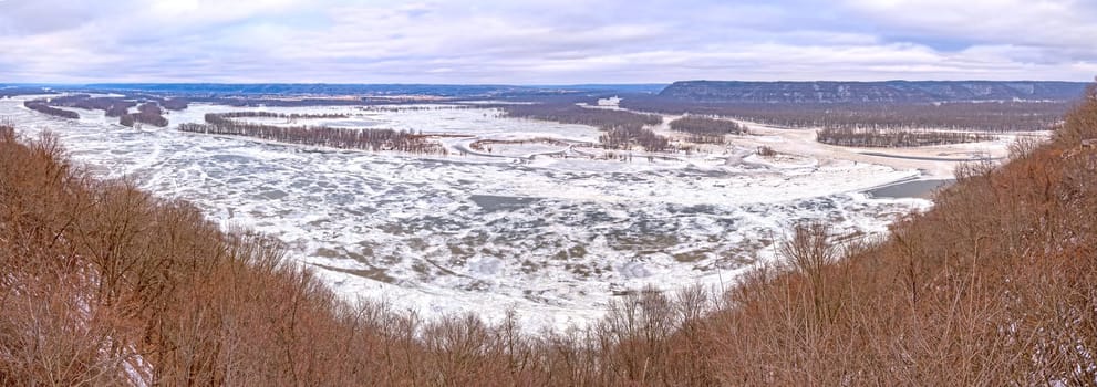 Panoramic Confluence of the Wisonsin and Mississipi Rivers in Winter from Pikes Peak State Park in Iowa