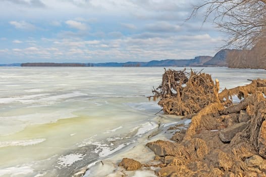 Shore View along the Frozen Mississippi River in Winter near Lynxville, Wisconsin
