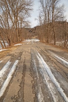 Rural Road in the Bayou on the Mississippi in Winter near Lansing, Iowa