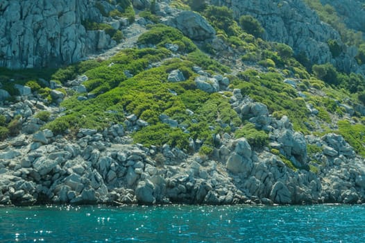 Mountain and sea. coastline with the overgrown rock background