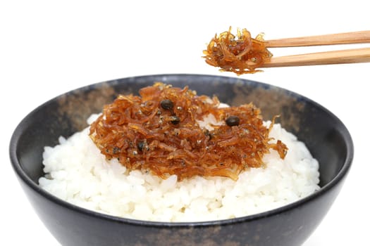 Japanese food, Tsukudani of chirimen jako on cooked white rice