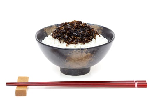 Japanese food, Tsukudani of konbu on cooked white rice