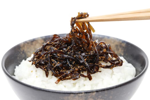 Japanese food, Tsukudani of konbu on cooked white rice